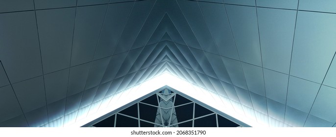 Ceiling of industrial or office building. Abstract modern architecture and interior. Construction industry background in hi-tech style with steel panels and windows. Triangular structure of surfaces. - Shutterstock ID 2068351790