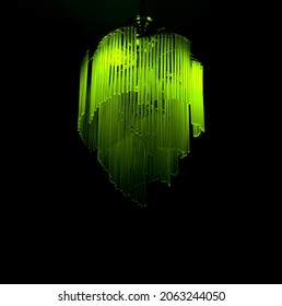 Ceiling Lampshade With Glass Bars Glowing Green On Black Background.