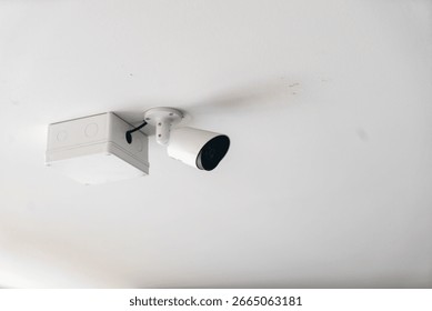 A ceiling mounted security camera system positioned for optimal surveillance. Ideal for enhancing safety in common areas, offices, or homes.