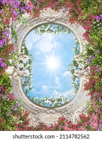 Ceiling with an old ornament with pink flowers on a blue sky