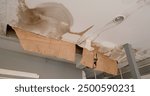 Ceiling panels with fungus outside house from water pipes damaged or rainy leaked. Office building or house problem for house service.