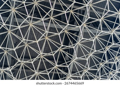 The ceiling structure of the large building is made of stainless steel, created as a beautifully connected network.