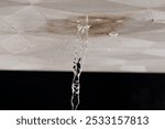 Ceiling Water leak from rain or broken pipe. House Water leaking on ceiling tile board and create dirty stain of flowing water, black background isolated