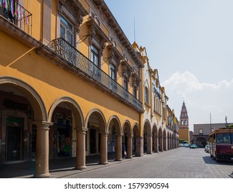 Celaya, City In The State Of Guanajuato, Looking Down Calle Alvaro Obregon, Temple Of San Agustín In The Background