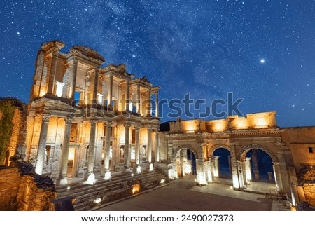 Celcius Library one of the symbols of the ancient city of Ephesus, Turkey Izmir with its night lighting and colorful starry sky.