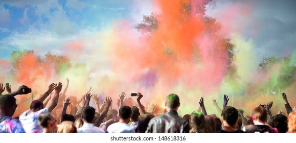 Celebrants Dancing During The Color Holi Festival