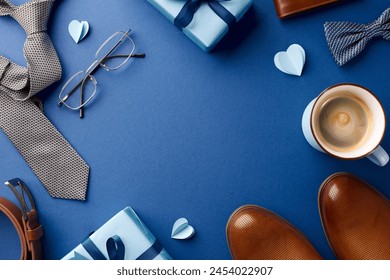 Celebrate Father's Day with a curated display of morning essentials like coffee and elegant accessories, all set on a bold blue background - Powered by Shutterstock