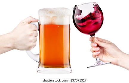 celebrate the holiday background - hands with wine and beer making toast