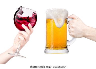 Celebrate The Holiday Background - Hands With Wine And Beer Making Toast