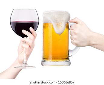 Celebrate The Holiday Background - Hands With Wine And Beer Making Toast