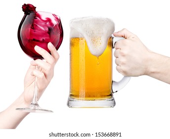 Celebrate The Holiday Background - Hands With Wine And Beer Making Toast