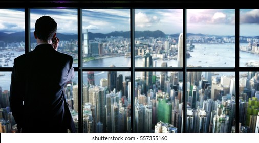  Celebrates A Successful Young Man On The Tops Of A Glass Building With Wall Street Scenery And Success With The Work