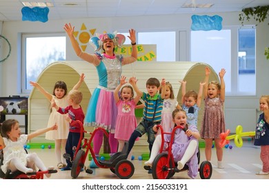 Celebrating A Children's Birthday In A Children's Room With An Animator, Happy Children. Estonia, May 2022.