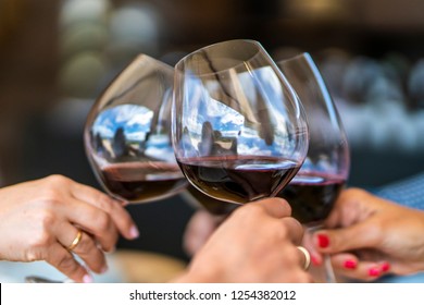 Celebrating Christmas Days Toasting Wine Glasses During A Celebration Day At Our Vacations During Lunch Time In A Vineyard At Casablanca, Chile 