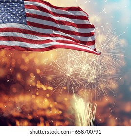 Celebrating Independence Day. United States Of America USA Flag With Fireworks Background For 4th Of July