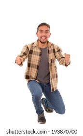 Celebrating Man With Flannel Shirt On A White Background