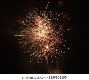 celebrating multiple white and pink fireworks at night