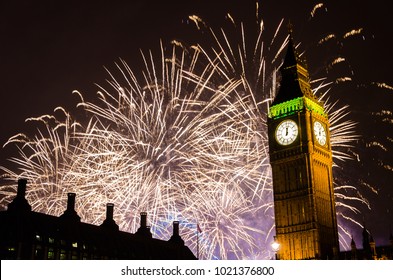 Celebrating New Year 2018, Fireworks Over Big Ben At Night