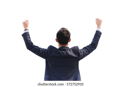 Celebrating Success. Back View Of Excited Young Asian Businessman Arms Up While Standing Isolated On White Background With Clipping Path.