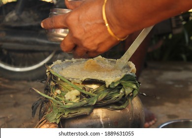 Celebrating Traditional Thai Pongal Festival To Sun God With Pot, Lamp,wood Fire Stove, Fruits And Sugarcane. Making Sakkarai Or Sugar Pongal And Ven Pongal In Sand Stove In Traditional Method.