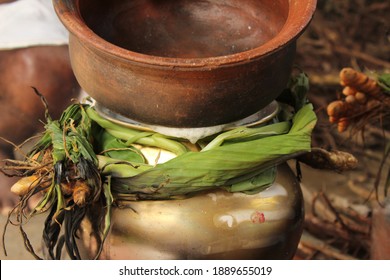 Celebrating Traditional Thai Pongal Festival To Sun God With Pot, Lamp,wood Fire Stove, Fruits And Sugarcane. Making Sakkarai Or Sugar Pongal And Ven Pongal In Sand Stove In Traditional Method.