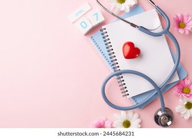 Celebrating wellness: the essence of health in pink. Top view of stethoscope, notebook, calendar cubes, red heart, flowers on light pink background with space for health-focused messages or greetings - Powered by Shutterstock