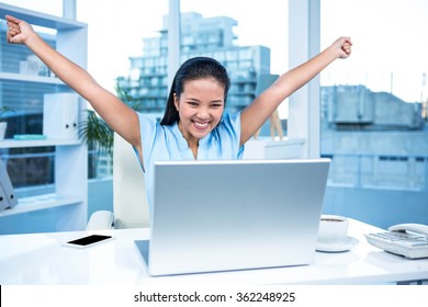 Celebrating Woman Arms Raised Her Desk Stock Photo 362248925 | Shutterstock