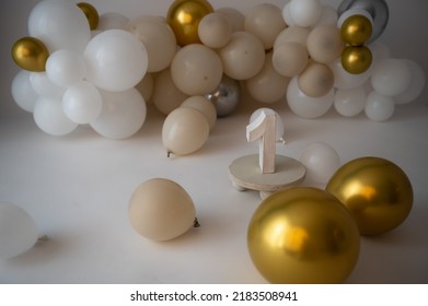 Celebration 1 Year. Balloon Garland, Funny Party, One Year Celebration, Decoration Of Studio, Party Decor In White And Brown, Balloons On The Floor