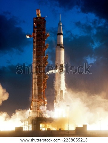 Celebration of Apollo 4 mission which happened in 1967 launching a rocket into space to test the endurance of the spacecraft. Digitally enhanced. Elements of this image furnished by NASA. 