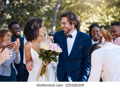 Celebration, applause and wedding bride and groom with happy, excited and cheerful guests. Interracial love and happiness of couple at marriage event together with clapping and joyful smile. - Powered by Shutterstock