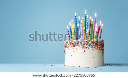 Celebration birthday cake with colorful sprinkles and twenty one colorful birthday candles 