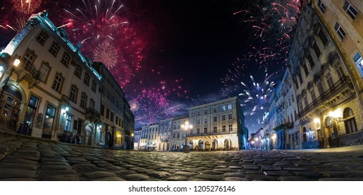 Celebration City Background With Fireworks. Empty Night Plaza, Old Architecture. Festival