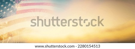 Celebration colorful firework on America flag pattern on sky background, red blue white strip concept for USA 4th july independence day, symbol of patriot freedom and democracy in memorial day festive