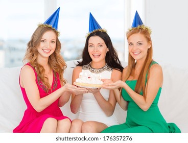 Celebration, Food, Friends, Bachelorette Party, Birthday Concept - Three Smiling Women Wearing Blue Hats Holding Cake With Candles