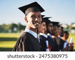 Celebration, graduation and portrait of university student outdoor on campus with friends for ceremony or event. Diversity, education and future with happy graduate man at college for success