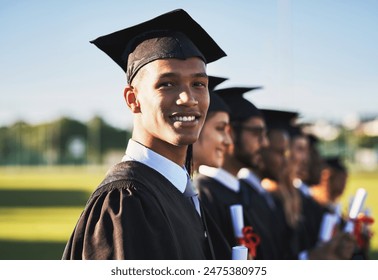 Celebration, graduation and portrait of university student outdoor on campus with friends for ceremony or event. Diversity, education and future with happy graduate man at college for success - Powered by Shutterstock