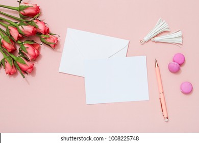 Celebration Greeting Card, Envelope And Roses On Pink Background, Valentine's Day Flat Lay