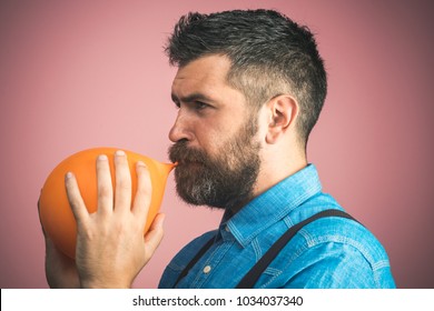 Celebration, happy birthday, preparation to party, happy family - bearded father is blowing orange balloon. Stylish man with beard and mustache in blue denim shirt inflating air balloon. Good mood.