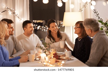 Celebration, Holidays And People Concept - Happy Family Having Tea Party At Home