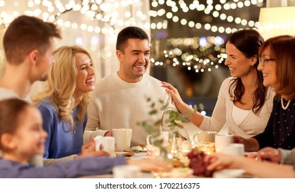 Celebration, Holidays And People Concept - Happy Family Having Tea Party At Home