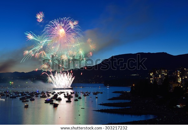 Celebration of Lights, fireworks display at English\
Bay, Vancouver, BC