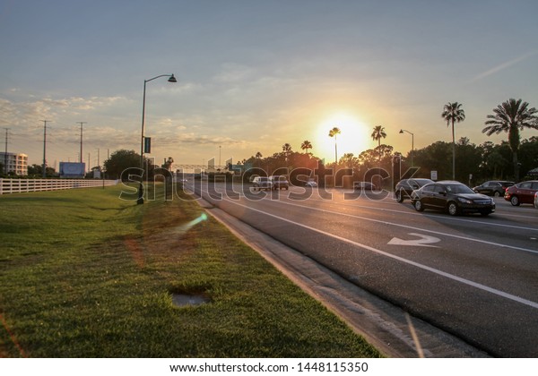 Celebration, Orlando, Florida, USA, July 12,
2019: Highways and avenues, city planning projects, signposts, pass
through major city districts, connected to Walt Disney World parks
and resorts.