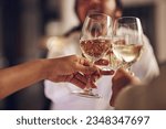 Celebration, people hands and champagne toast for achievement, party event or holiday reunion. Alcohol drinks, night friends and group celebrate birthday, gala and cheers with sparkling wine glass