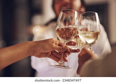 Celebration, people hands and champagne toast for achievement, party event or holiday reunion. Alcohol drinks, night friends and group celebrate birthday, gala and cheers with sparkling wine glass - Powered by Shutterstock