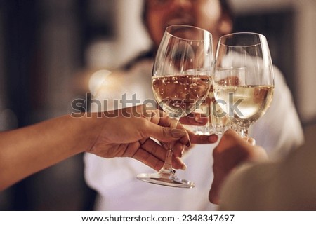 Celebration, people hands and champagne toast for achievement, party event or holiday reunion. Alcohol drinks, night friends and group celebrate birthday, gala and cheers with sparkling wine glass Stock foto © 