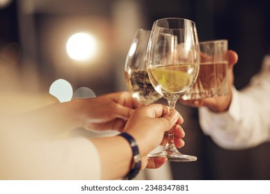 Celebration, people hands and toast alcohol drinks for achievement, congratulations party or luxury gala vent. Support, night friends and group cheers with champagne, sparkling wine or glass beverage - Powered by Shutterstock