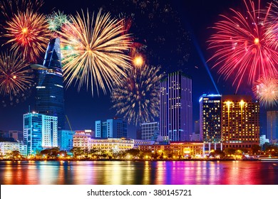 Celebration. Skyline With Fireworks Light Up Sky Over Business District In Ho Chi Minh City ( Saigon ), Vietnam. Beautiful Night View Cityscape. Holidays, Celebrating New Year. 