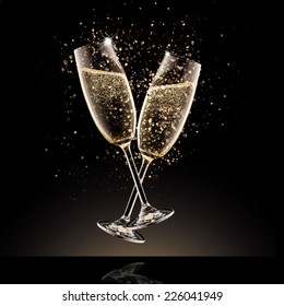 Celebration theme. Glasses of champagne with bubbles, isolated on black background