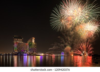 Celebration Of UAE National Day With Fireworks Over The Festival City District. Dubai, United Arab Emirates.