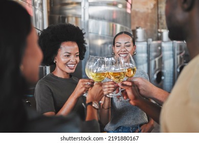 Celebration, Wine Glasses And Friends Toasting Champagne On Luxury Getaway, Wine Tasting Cuisine Or Celebrating Success. Business People Cheers Or Drinking Vintage In Winemaking Business Or Industry